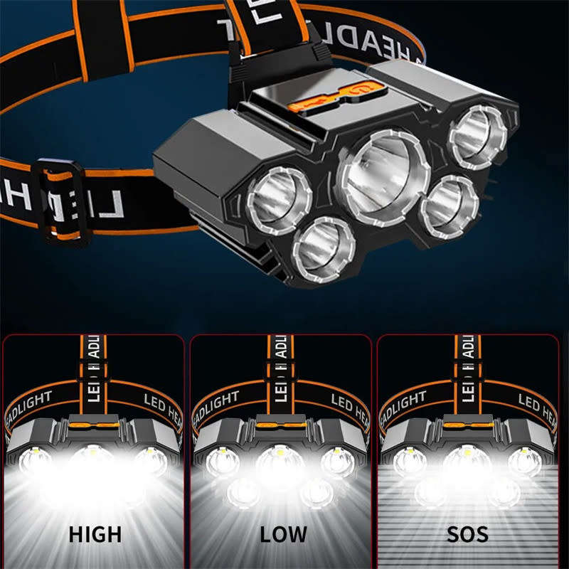 Rechargeable Head-mounted LED Outdoor Waterproof 5 Headlamp with USB Head