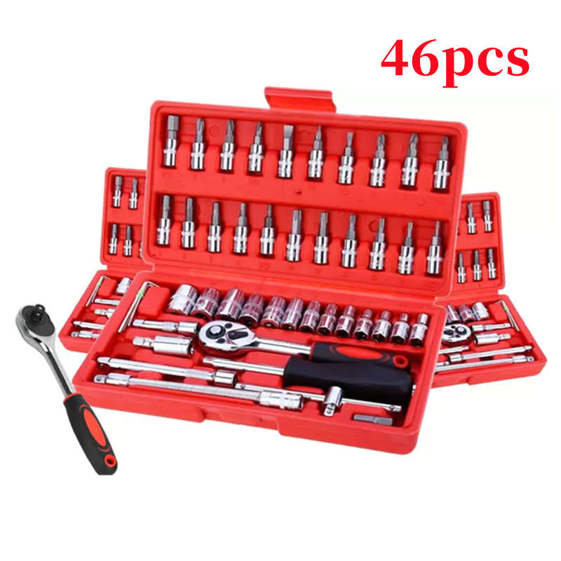 46pcs 1/4 Inch Socket Set Auto Repair Tools Ratchet Set Torque Wrench Combination Drill Bits