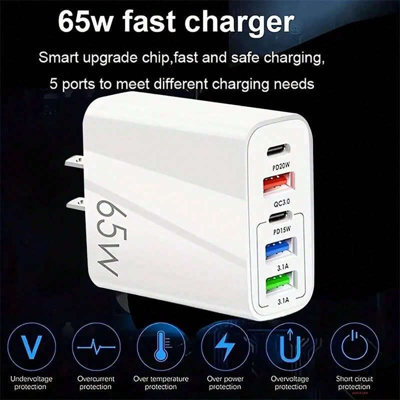 65W USB C Charger, 5-Port with Type-C PD+3USB Compatible GaN Technology Fast Charging Phone Adapter