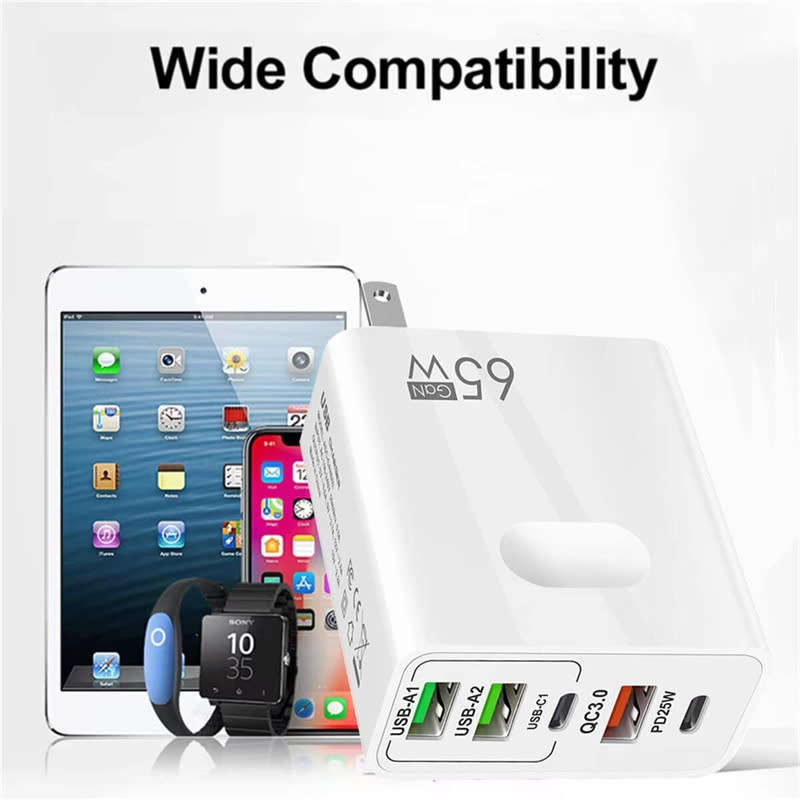 65W USB C Charger, 5-Port with Type-C PD+3USB Compatible GaN Technology Fast Charging Phone Adapter