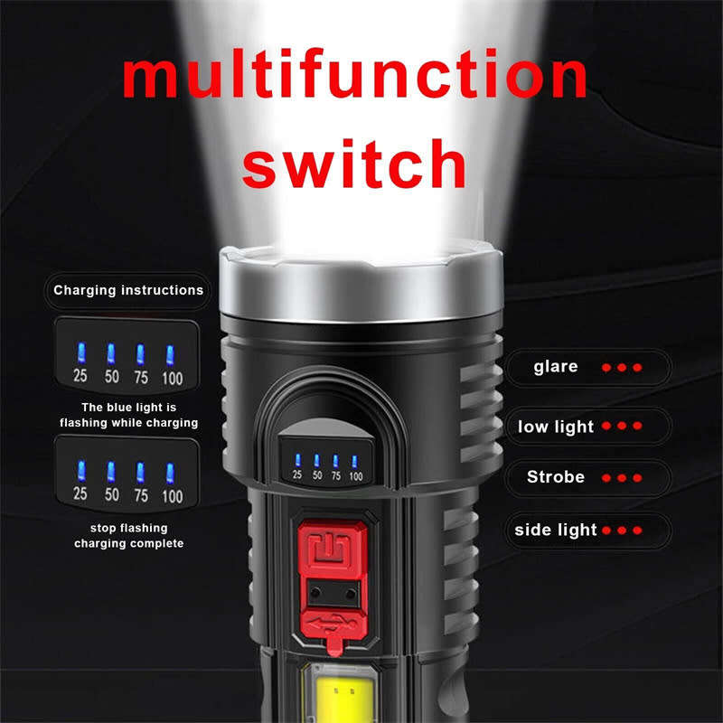 LED Flashlight High Brightness Rechargeable Portable Long Range COB Side Light Camping Searchlight