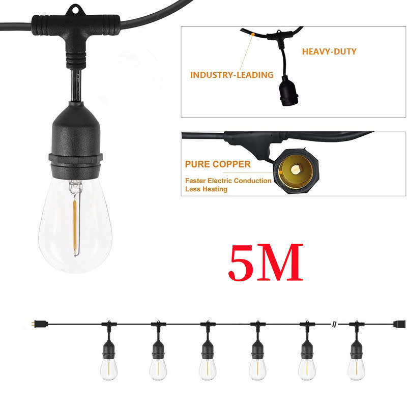 5M Waterproof Outdoor String Lights LED Commercial Grade Patio Lights Garden Holiday String Lights