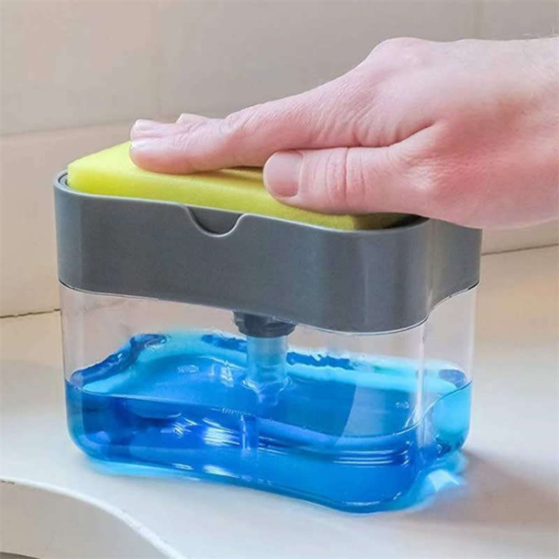 2-in-1 Soap Dispenser Kitchen Manual Push-In Sponge Jar