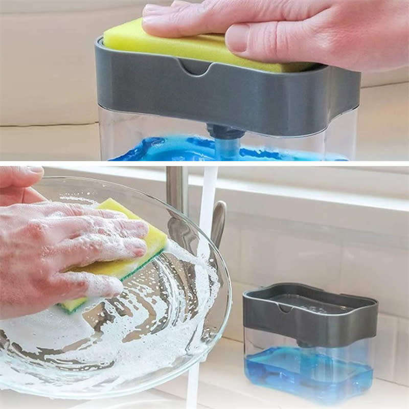 2-in-1 Soap Dispenser Kitchen Manual Push-In Sponge Jar