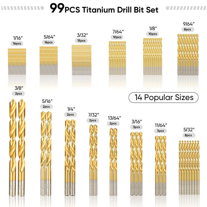 99 Pcs Twisted Metal Tools HSS 135° Tip Titanium Coated Twist Drill Bits Set with Storage Box