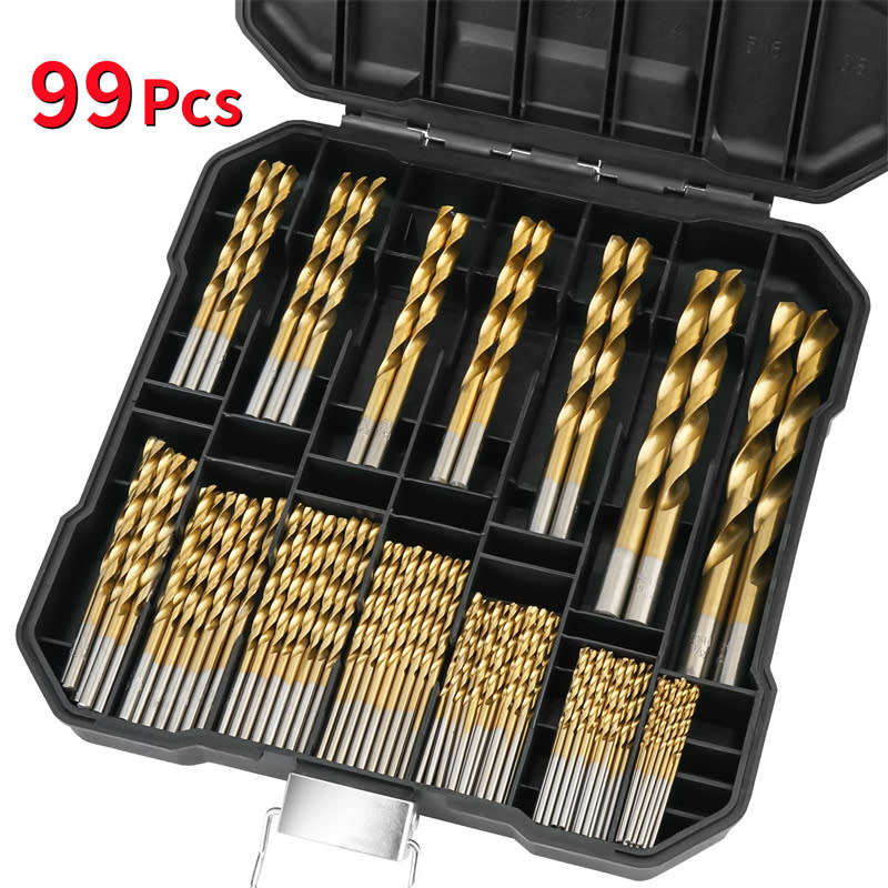 99 Pcs Twisted Metal Tools HSS 135° Tip Titanium Coated Twist Drill Bits Set with Storage Box