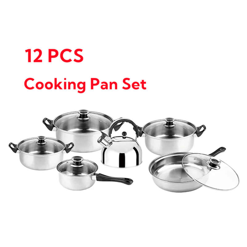 12 PCS Non-Stick Frying Pan Cookware Set Multifunctional Stainless Steel Pot Kitchen Stir-Frying Set