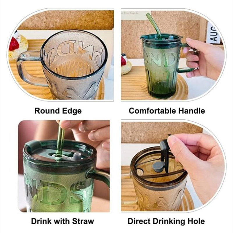 Tumbler with Straw Lid and Handle, Leakproof Clear Reusable Smoothie Cup
