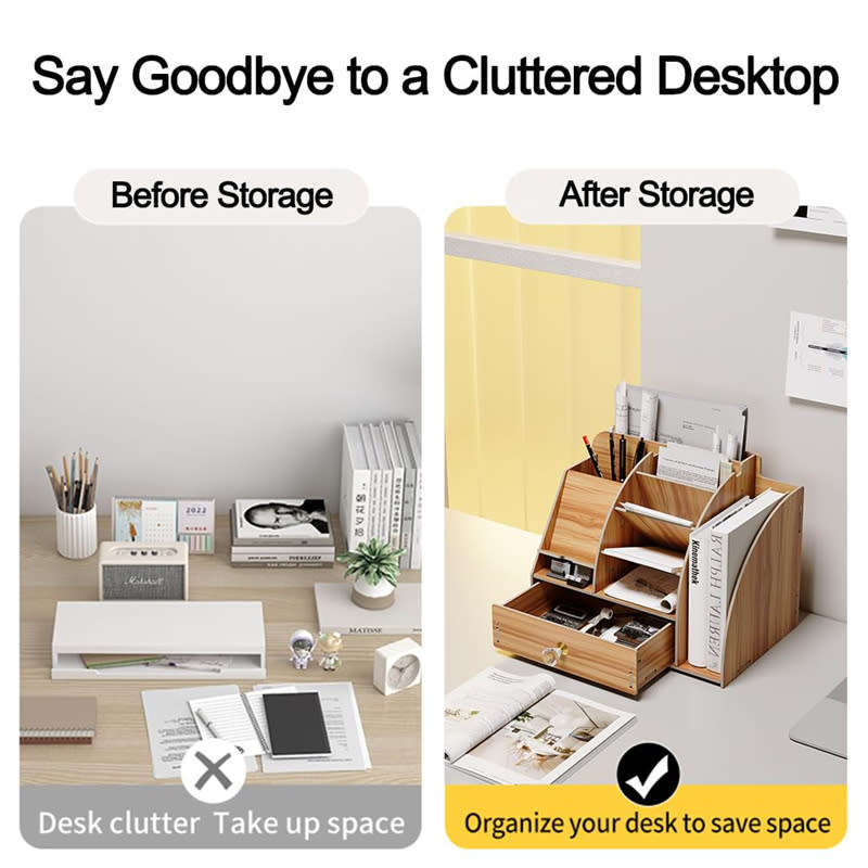 Multifunctional DIY Wooden Desk Storage Box with Cell Phone Dock, Desk Pen Storage Box