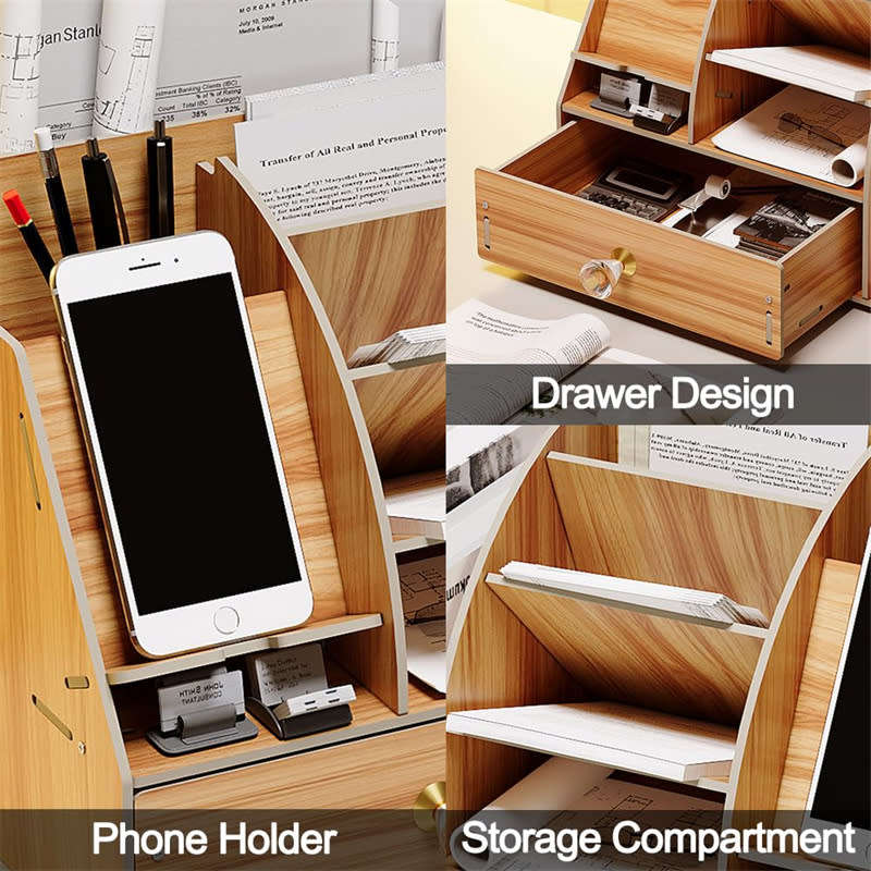 Multifunctional DIY Wooden Desk Storage Box with Cell Phone Dock, Desk Pen Storage Box