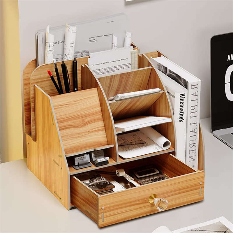Multifunctional DIY Wooden Desk Storage Box with Cell Phone Dock, Desk Pen Storage Box