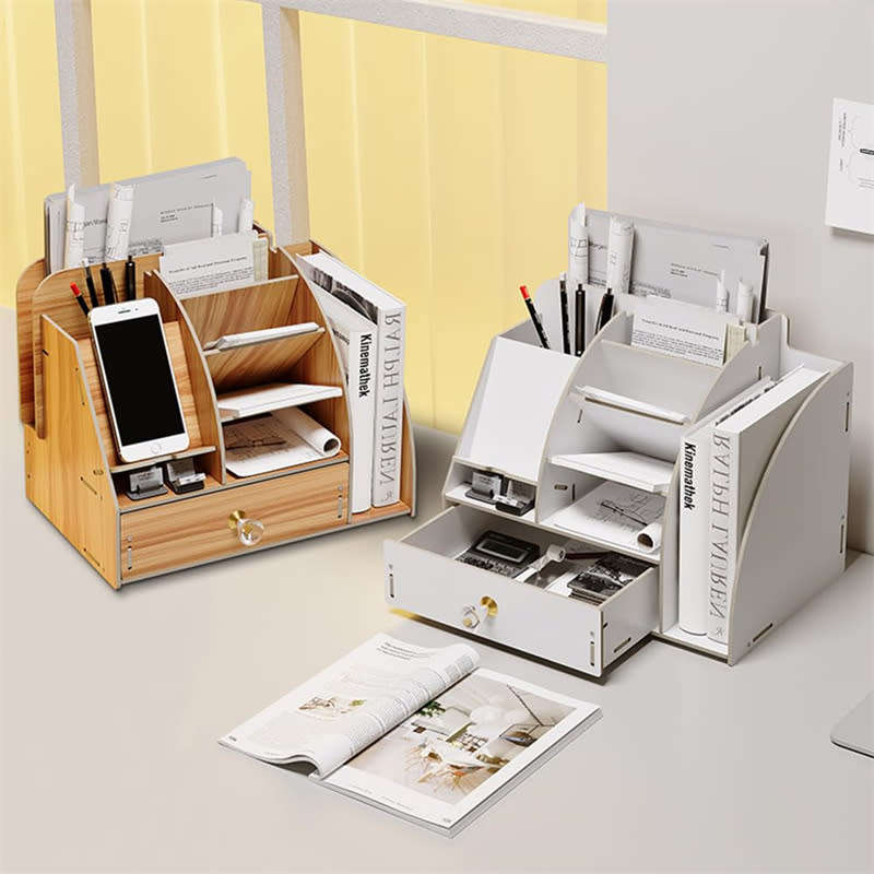 Multifunctional DIY Wooden Desk Storage Box with Cell Phone Dock, Desk Pen Storage Box