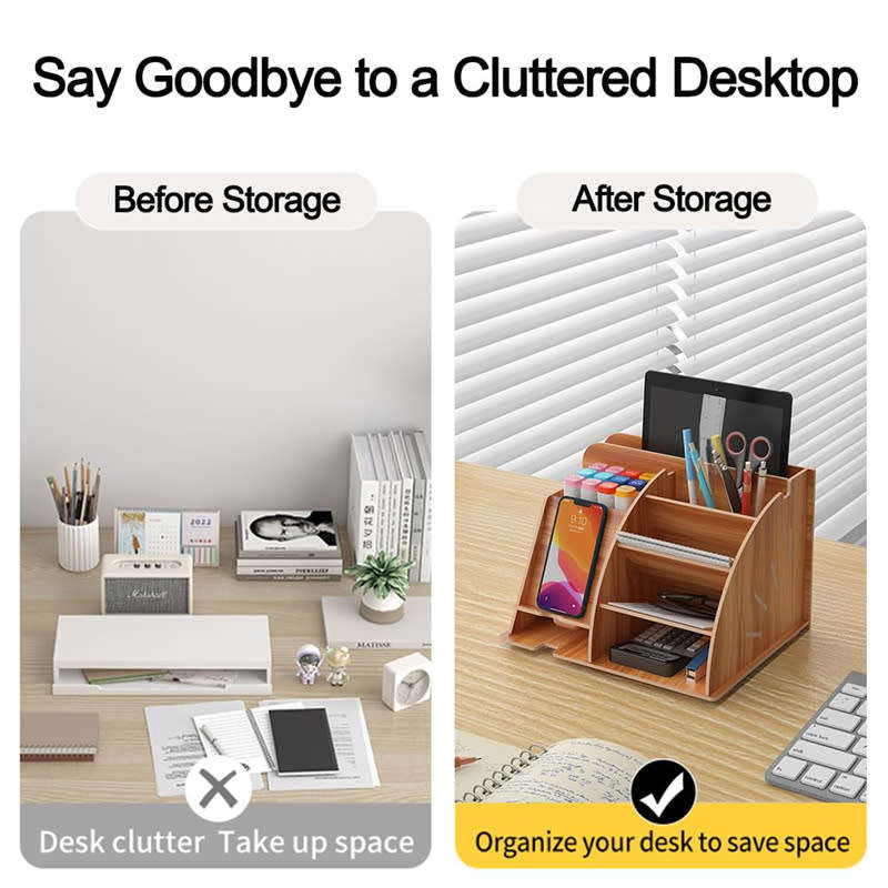 Multifunctional DIY Wooden Desk Storage Box with Cell Phone Dock, Desk Pen Storage Box
