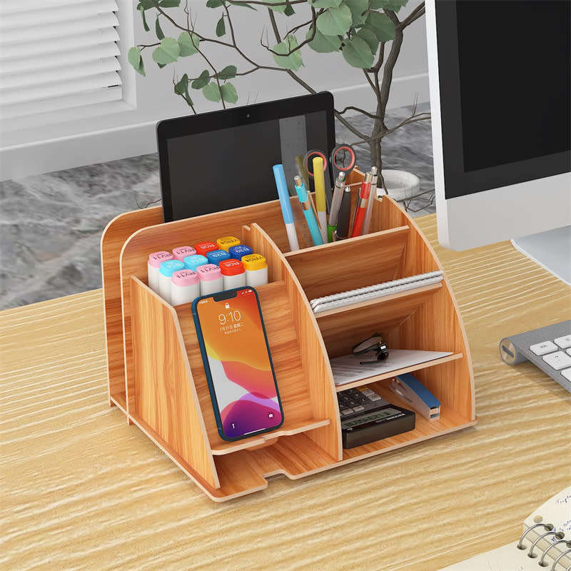 Multifunctional DIY Wooden Desk Storage Box with Cell Phone Dock, Desk Pen Storage Box