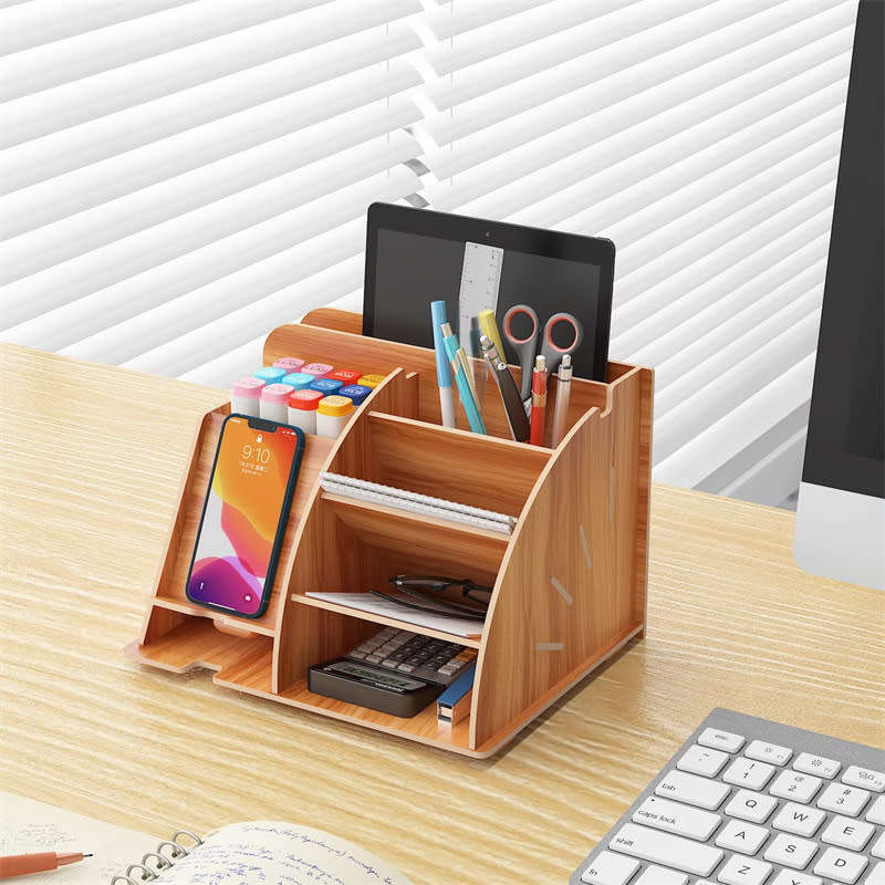 Multifunctional DIY Wooden Desk Storage Box with Cell Phone Dock, Desk Pen Storage Box