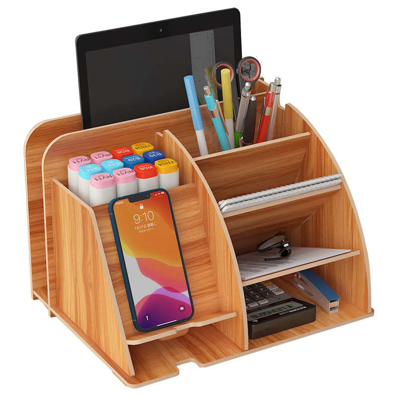 Multifunctional DIY Wooden Desk Storage Box with Cell Phone Dock, Desk Pen Storage Box