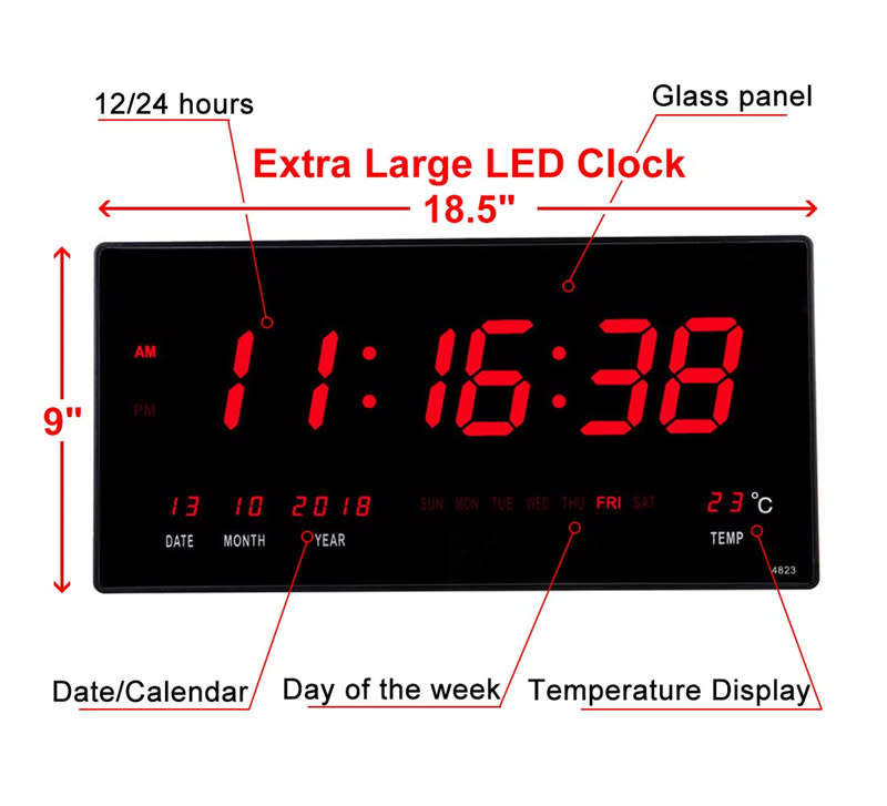 18.5 Inch Extra Large LED Digital Wall Clock/Calendar Large Display, Wall Mounted Desk Clock Timer