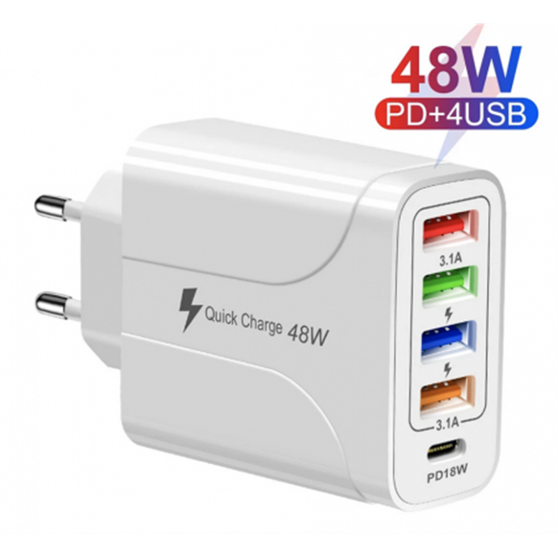 48W USB 5-in-1 Fast Wall Charger Adapter