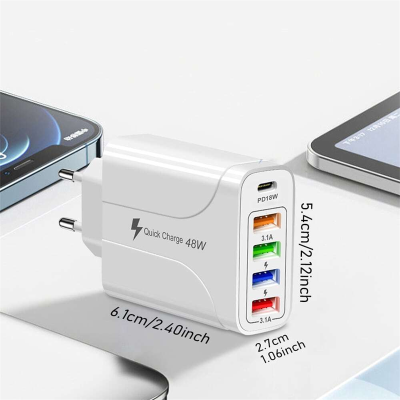 48W USB 5-in-1 Fast Wall Charger Adapter