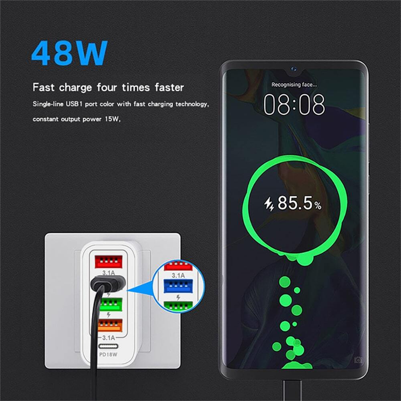 48W USB 5-in-1 Fast Wall Charger Adapter