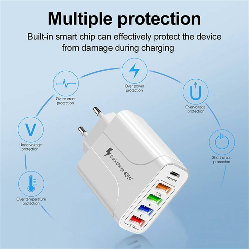 48W USB 5-in-1 Fast Wall Charger Adapter