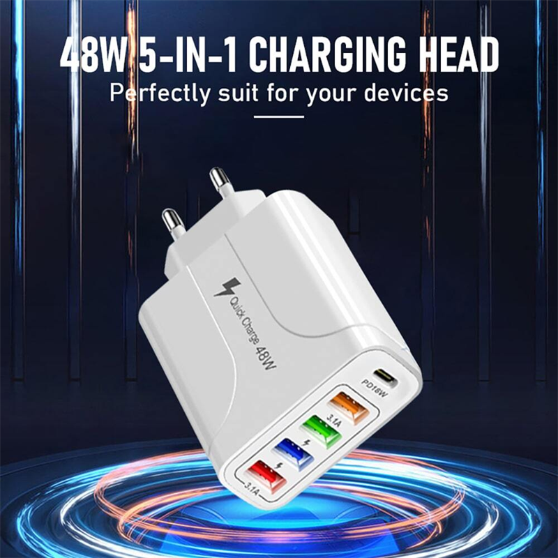 48W USB 5-in-1 Fast Wall Charger Adapter