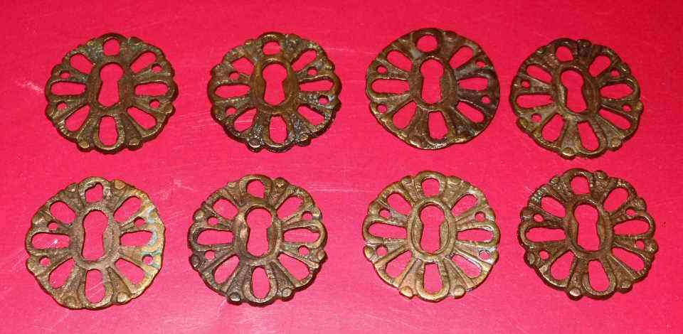 VINTAGE BRASS KEY ESCUTCHEONS x 8