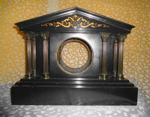 ANTIQUE BLACK ONYX MANTLE CLOCK CASE WITH 8 BRASS CORINTHIAN COLUMNS
