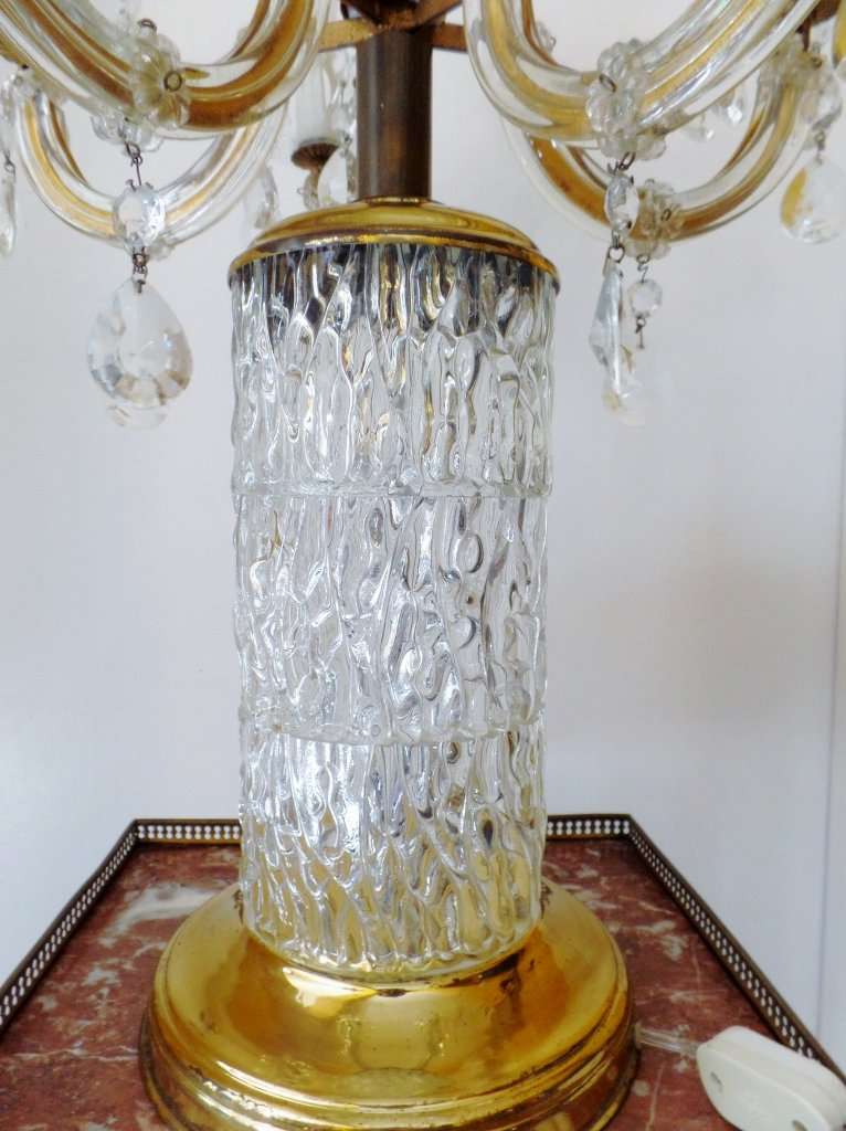 VINTAGE BRASS AND CRYSTAL 6-LIGHT TABLE LAMP