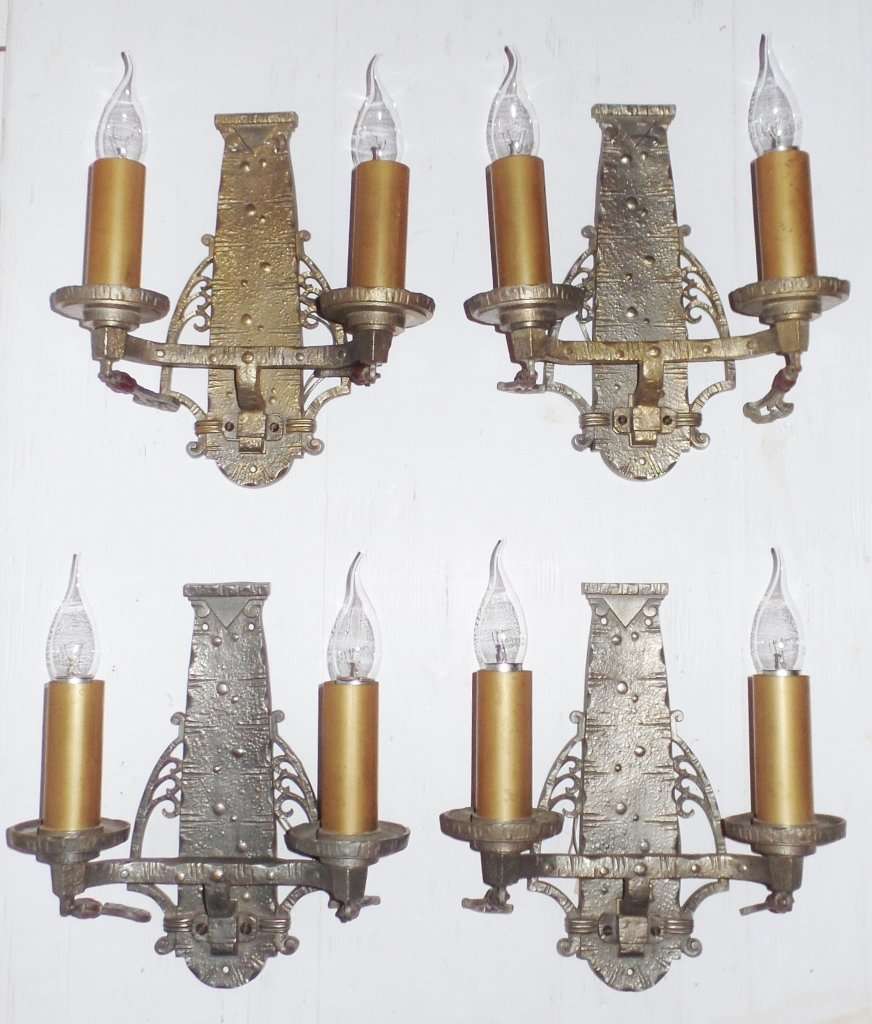 ART NOUVEAU SILVERED BRONZE WALL LIGHTS - TWO MATCHING PAIRS - REWIRED