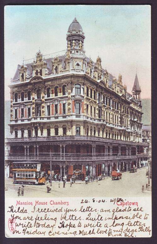 PICTURE POSTCARD "MANSION HOUSE CHAMBERS, CAPE TOWN" POSTED "WELLINGTON" 1904