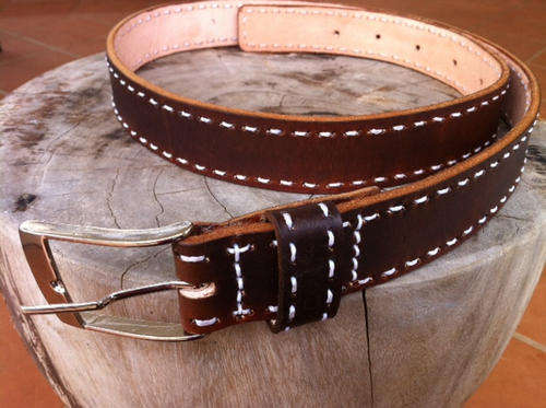 Genuine leather mens belt - brown with white stitch