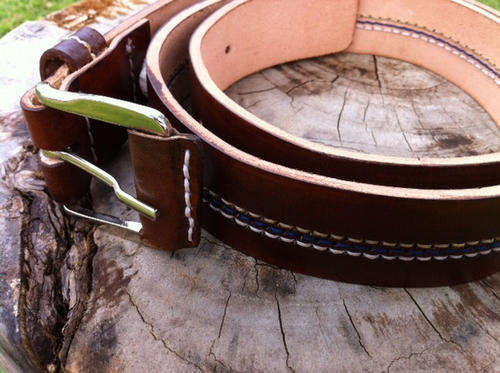 Genuine leather mens belt - brown with three rows of stitches in middle