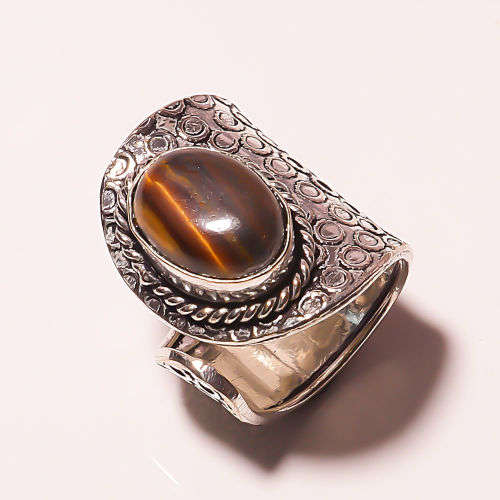 HANDMADE .925 SILVER YELLOW LUSTER TIGER EYE RING SIZE 7