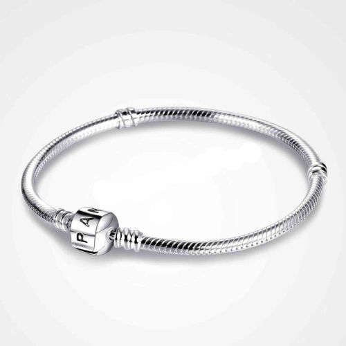 Plat 925 Silver Charm Bracelet Bangle with Lock Snake