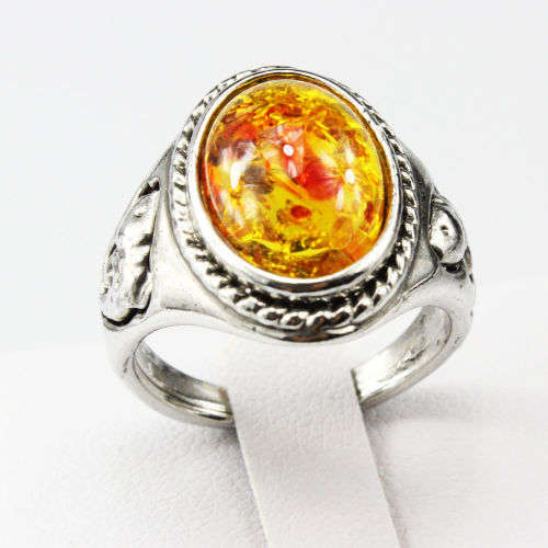 Women Silver Ring with Amber - Size 5 1/2 / L