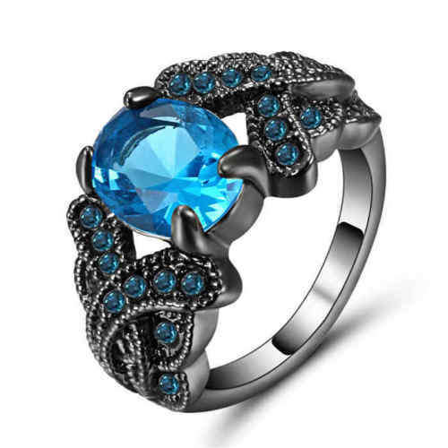 Lady's Oval Blue Aquamarine Wedding Ring Black Rhodium Plated Size 9 /R