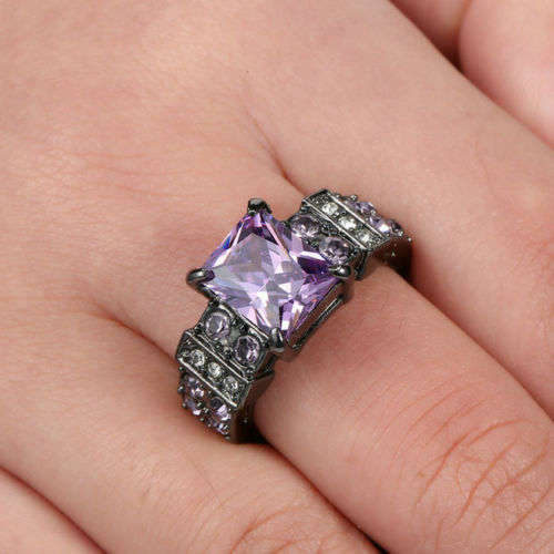 Purple Amethyst Wedding Ring Black Rhodium Plated Jewelry Size 8 / P
