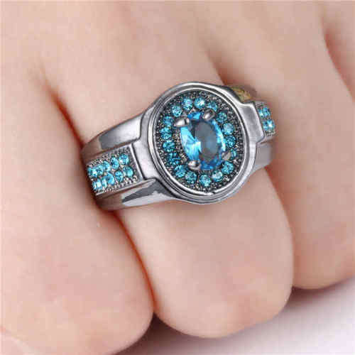 Black Rhodium Plated Men, Women Ring with Aquamarine - Size 9 / R