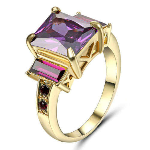 Purple Amethyst Ring Yellow Rhodium Plated - Size 9 / R