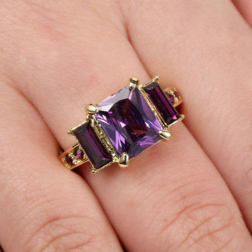Purple Amethyst Ring Yellow Rhodium Plated - Size 9 / R