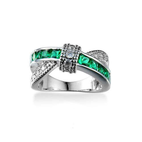 Emerald Criss Cross White Gold Filled Wedding Ring Size Q/8/