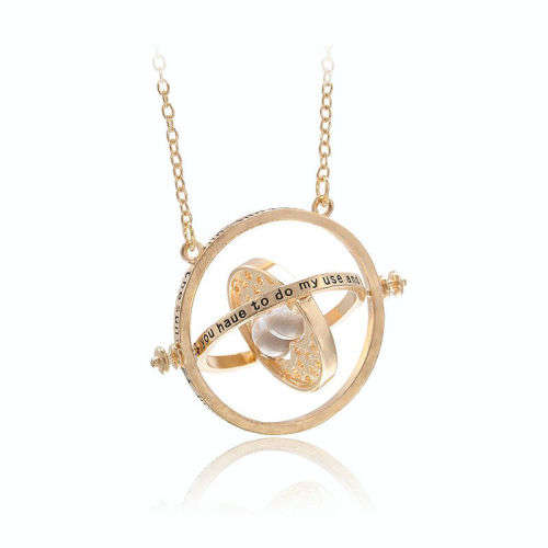 Harry Potter Time Turner Necklace, Granger Rotating Spins, Gold Hourglass