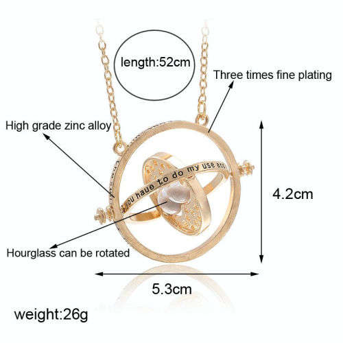 Harry Potter Time Turner Necklace, Granger Rotating Spins, Gold Hourglass