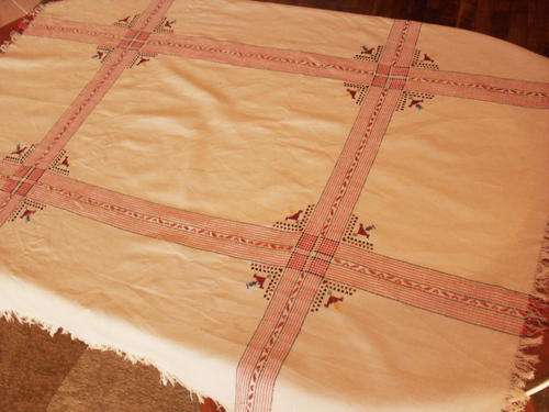 Vintage Hand Embroidered tablecloth 75 cm x 90 cm white & red, fringe