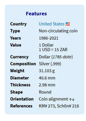 1 Dollar `American Silver Eagle` Bullion Coin