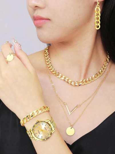 6pcs/Set Ladies` Stainless Steel Strap Luxury Quartz Watch And V Shaped Jewelry Set