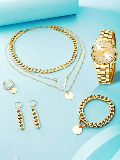 6pcs/Set Ladies` Stainless Steel Strap Luxury Quartz Watch And V Shaped Jewelry Set