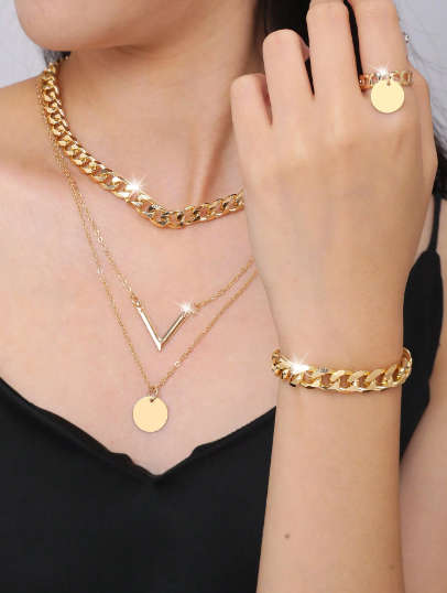 6pcs/Set Ladies` Stainless Steel Strap Luxury Quartz Watch And V Shaped Jewelry Set