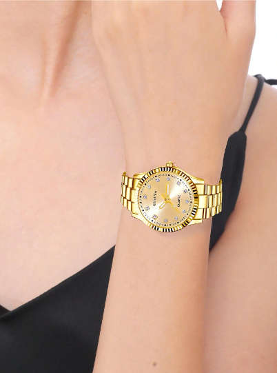 6pcs/Set Ladies` Stainless Steel Strap Luxury Quartz Watch And V Shaped Jewelry Set